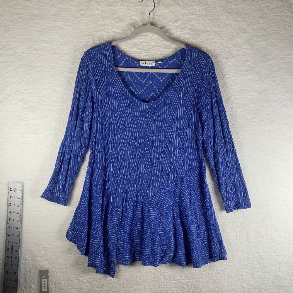 Habitat Blouse Women's Small Blue White Textured Irregular‎ Hem Scoop Neck 7648
